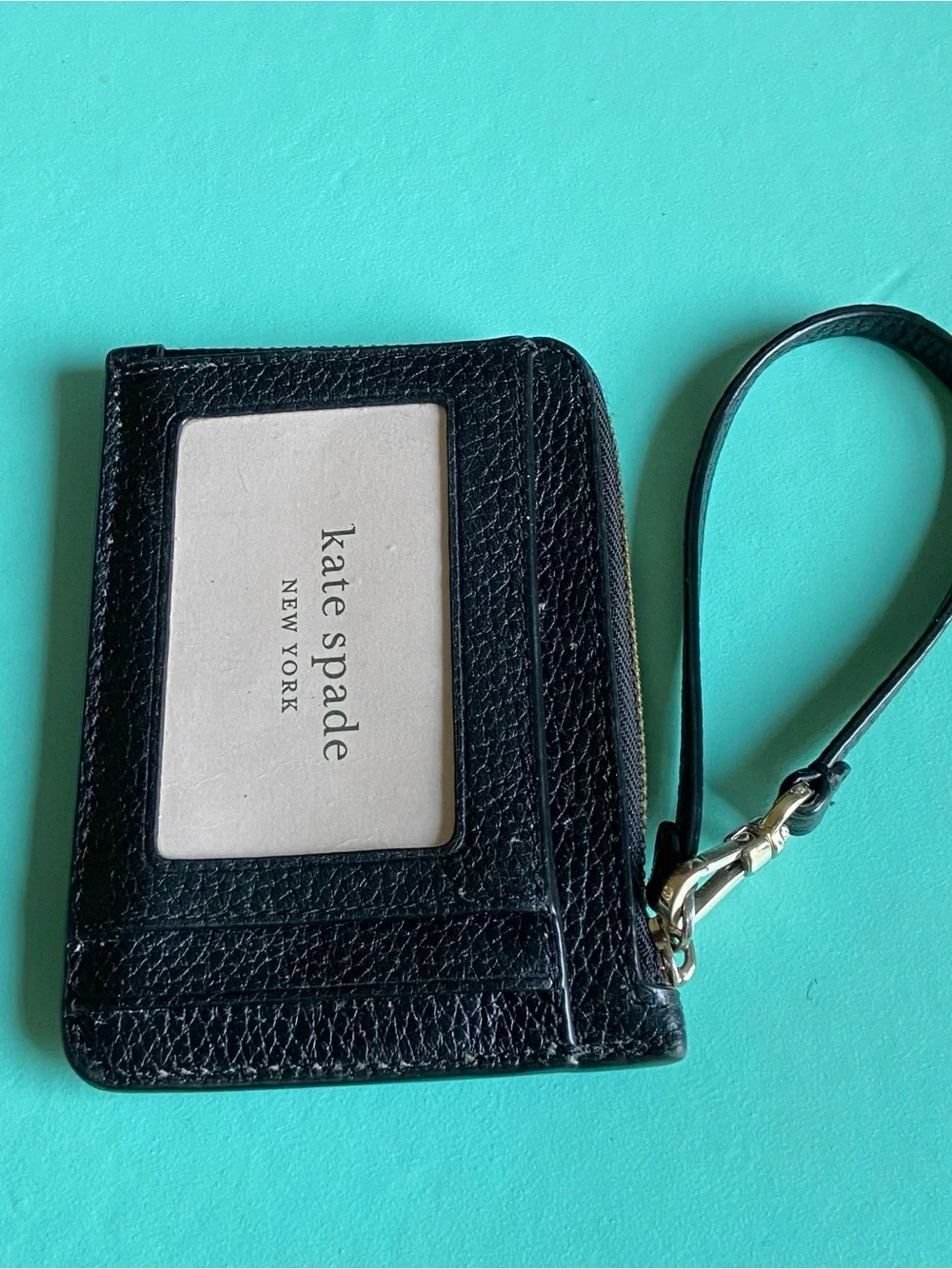 kate spade Black Pebbled Leather Zip Wristlet with Gold Logo
